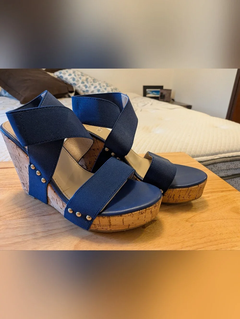 Women’s Navy Cork Wedge Sandals with Stud Detail